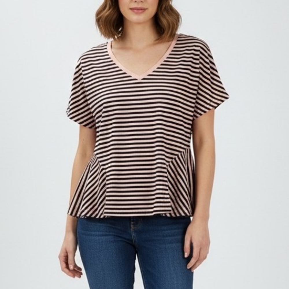 BP. Striped Peplum V Neck T‎ Shirt Top Pink Black Womens Size S
